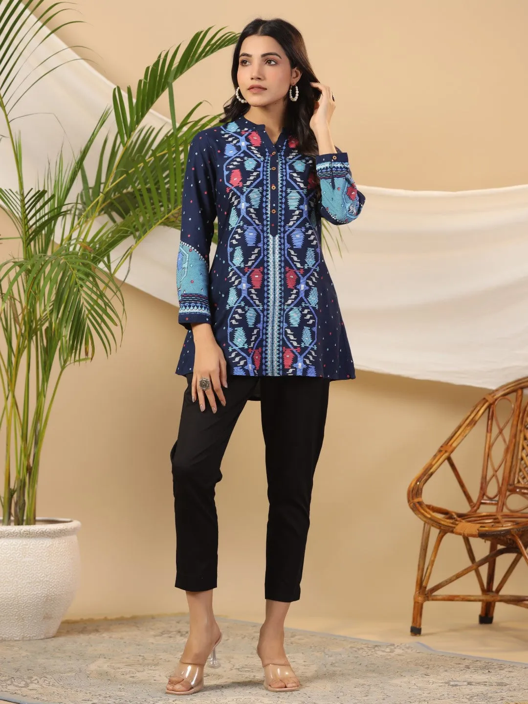 Jashvi Navy Blue Geometric Printed Rayon Slub Long Cuff Sleeves Tunic