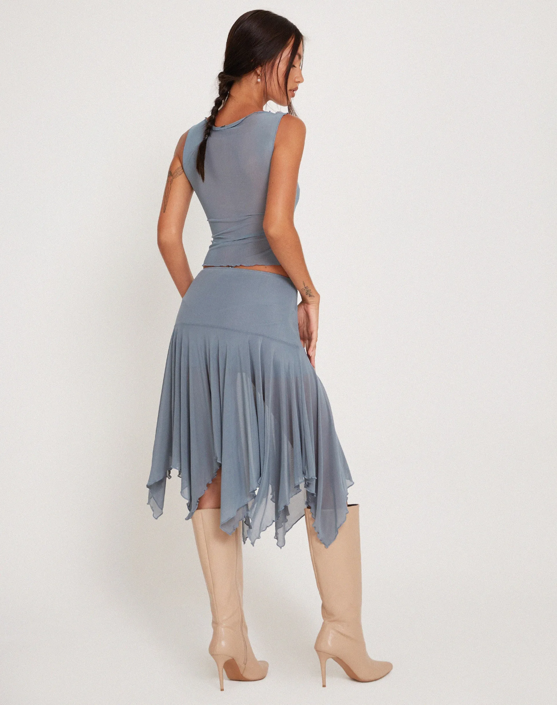 Jovali Low Waist Midi Skirt in Blue Grey Mesh