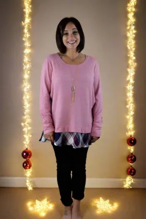 Kori Tunic Sweater w/ Plaid Contrast - Pink Bubble Gum