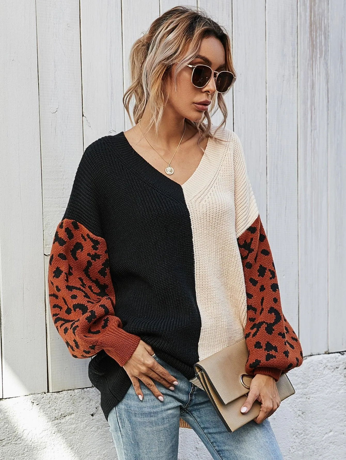 Leopard Color Block V-Neck Tunic Pullover Sweater