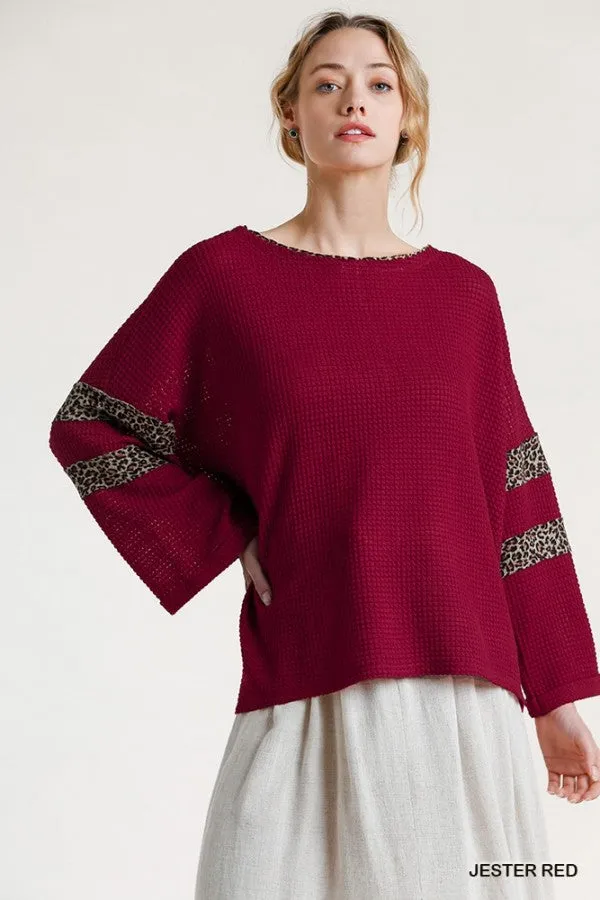 Leopard Trim Waffle Knit Top, Red