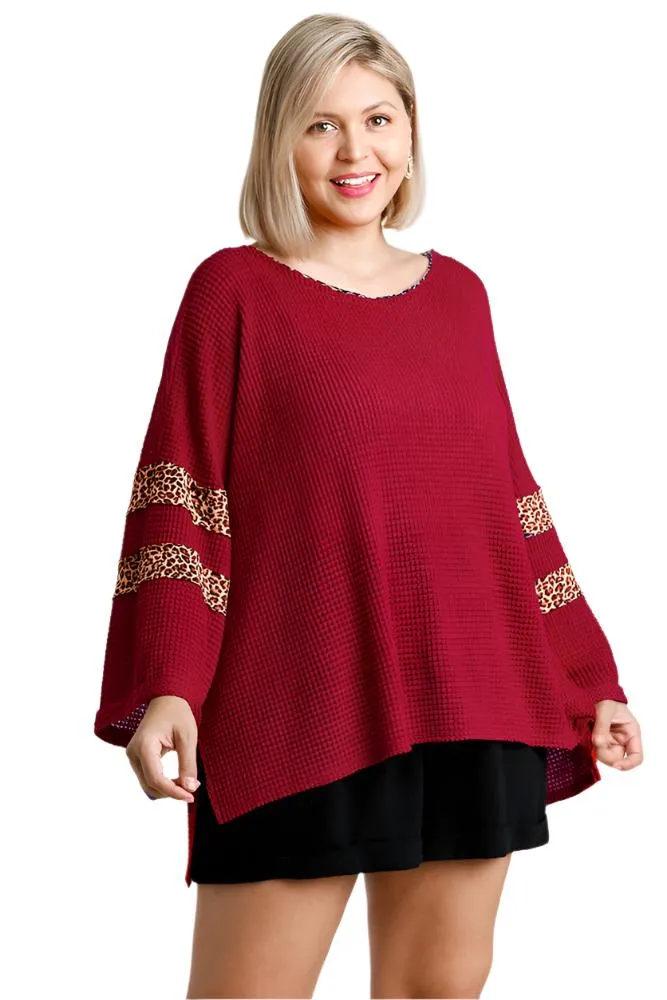 Leopard Trim Waffle Knit Top, Red