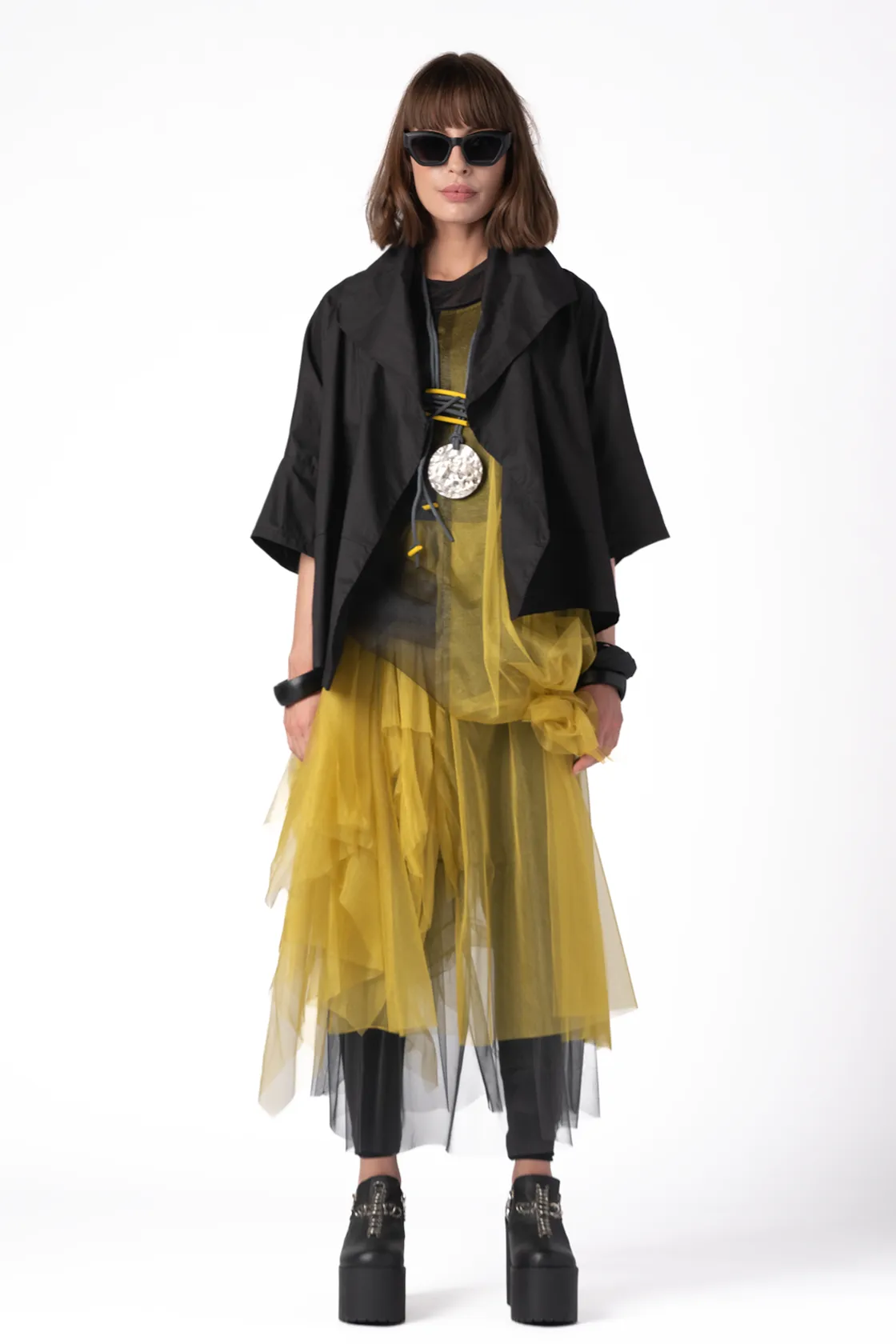 LUUKAA Mesh Layering Tunic in Black and Citrine