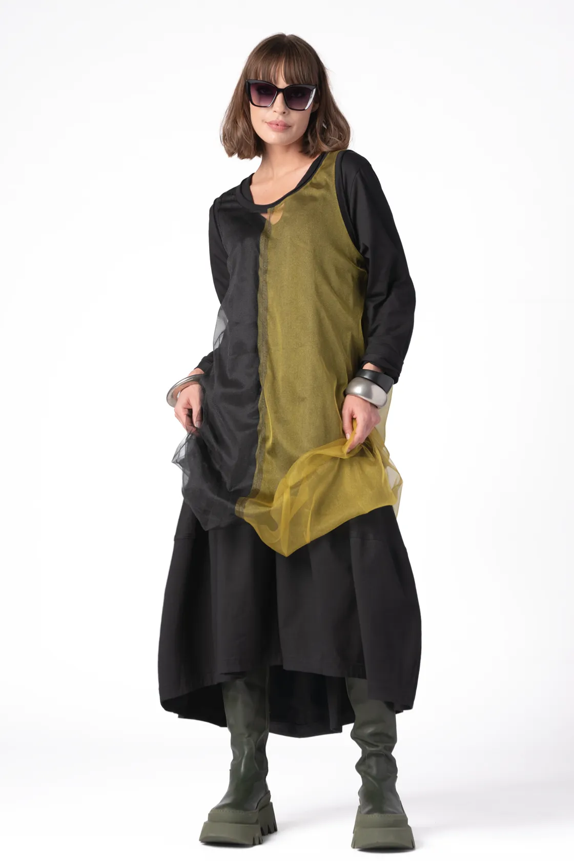 LUUKAA Mesh Layering Tunic in Black and Citrine