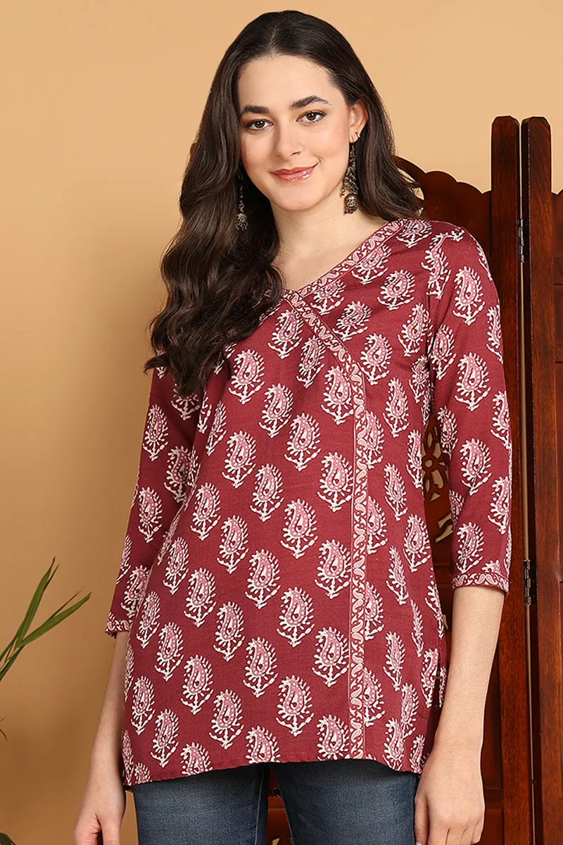 Maroon Cotton Blend Ethnic Motifs Printed Angrakha Style Top