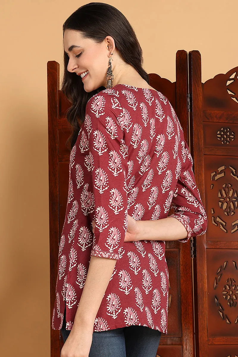 Maroon Cotton Blend Ethnic Motifs Printed Angrakha Style Top