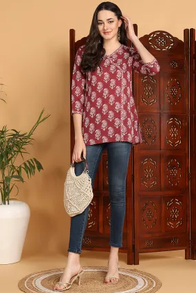 Maroon Cotton Blend Ethnic Motifs Printed Angrakha Style Top