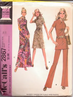 McCall's 2867 Ladies Dress Tunic Top Pants Vintage 1970's Sewing Pattern