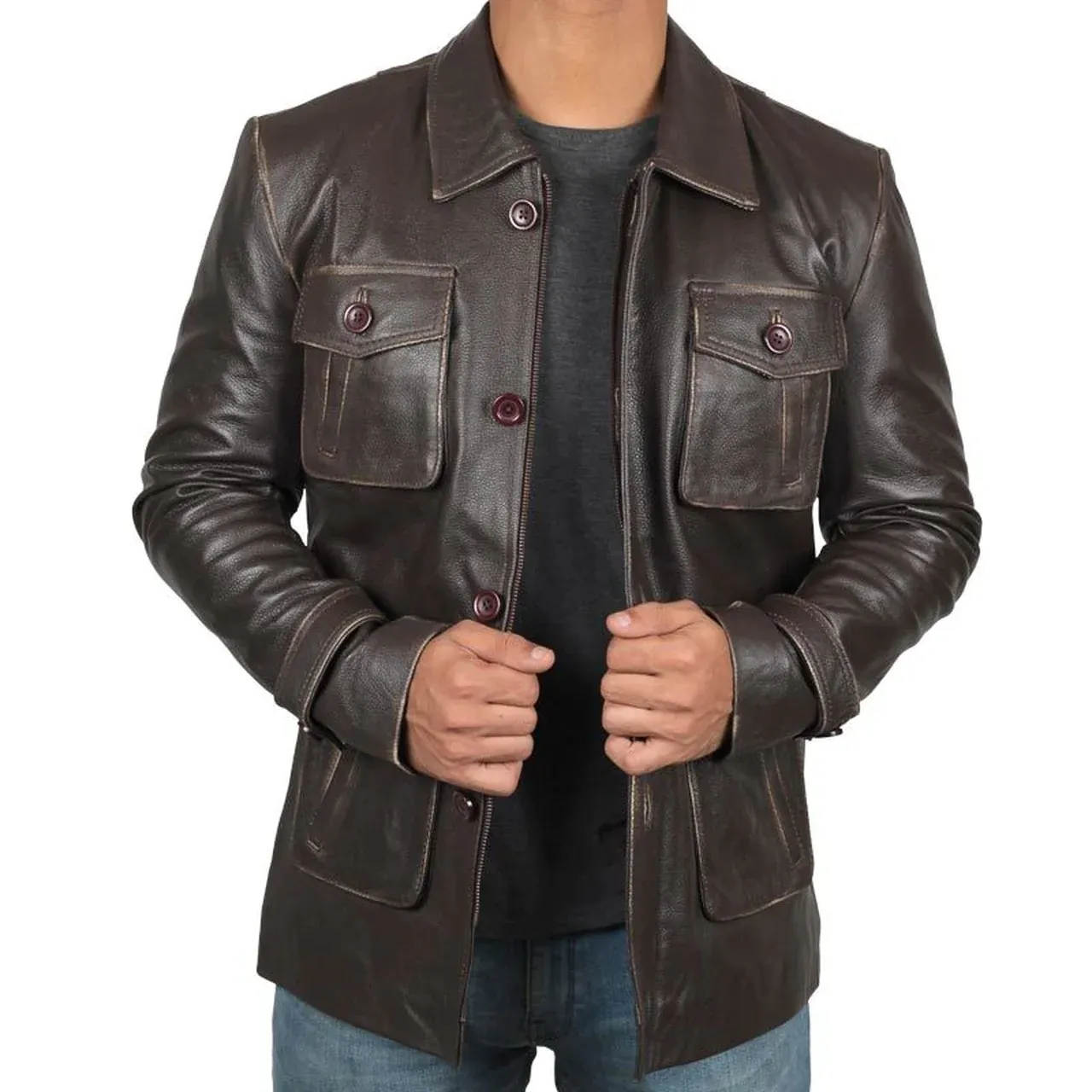 Mens Cafe Racer Biker Distressed Leather Jacket Coat