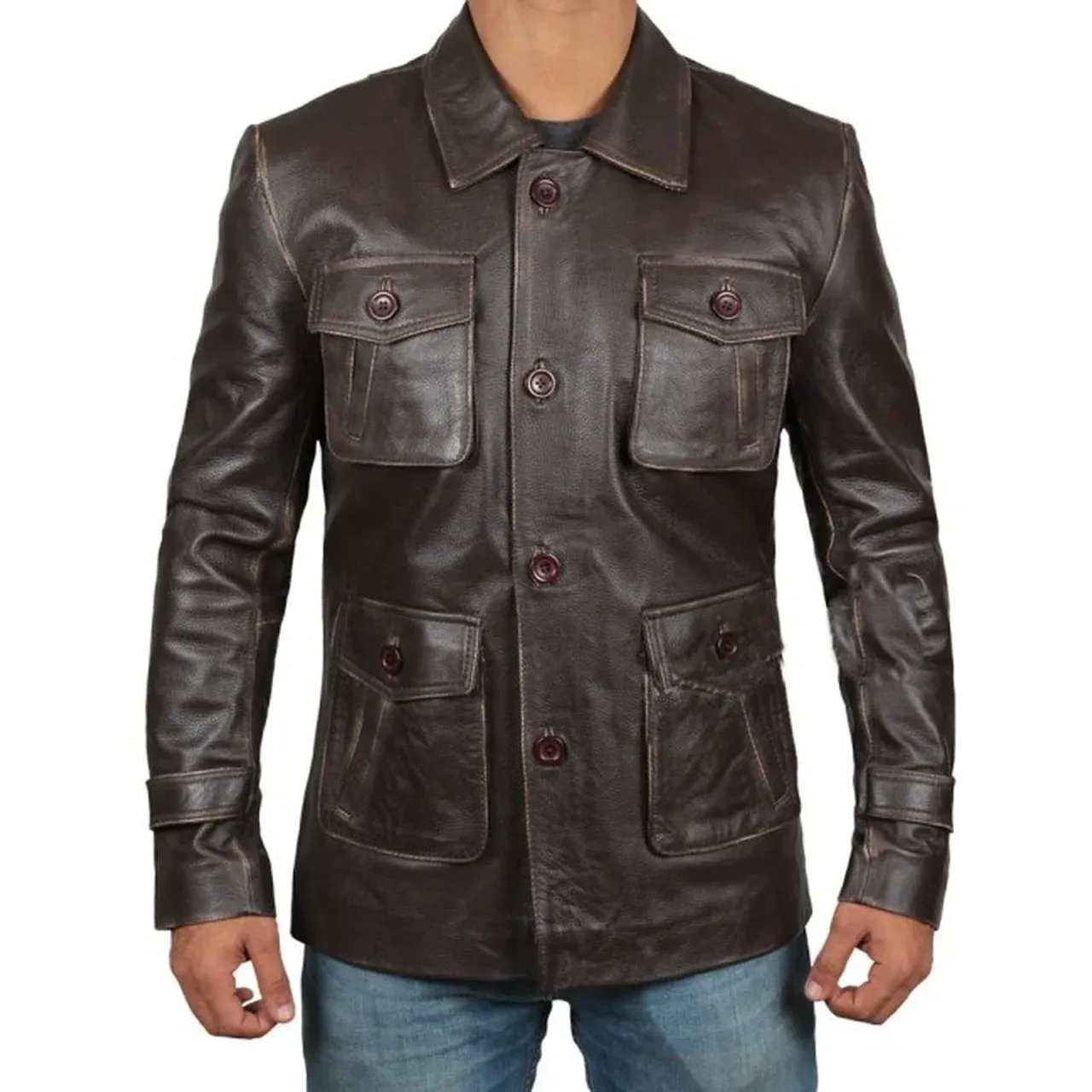 Mens Cafe Racer Biker Distressed Leather Jacket Coat