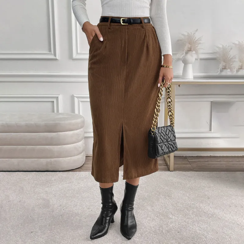 METAVERSMALL 2025 foreign trade  retro corduroy skirt autumn and winter temperament split fork versatile skirt women