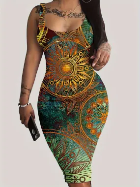 Midi Length Elegant Bodycon Dress - Crew Neck, Sleeveless, Mid Elasticity, Tribal Mandala Print, Machine Washable, All-Season, Polyester Knit Fabric - Perfect for Womens Casual Spring & Summer Outfit