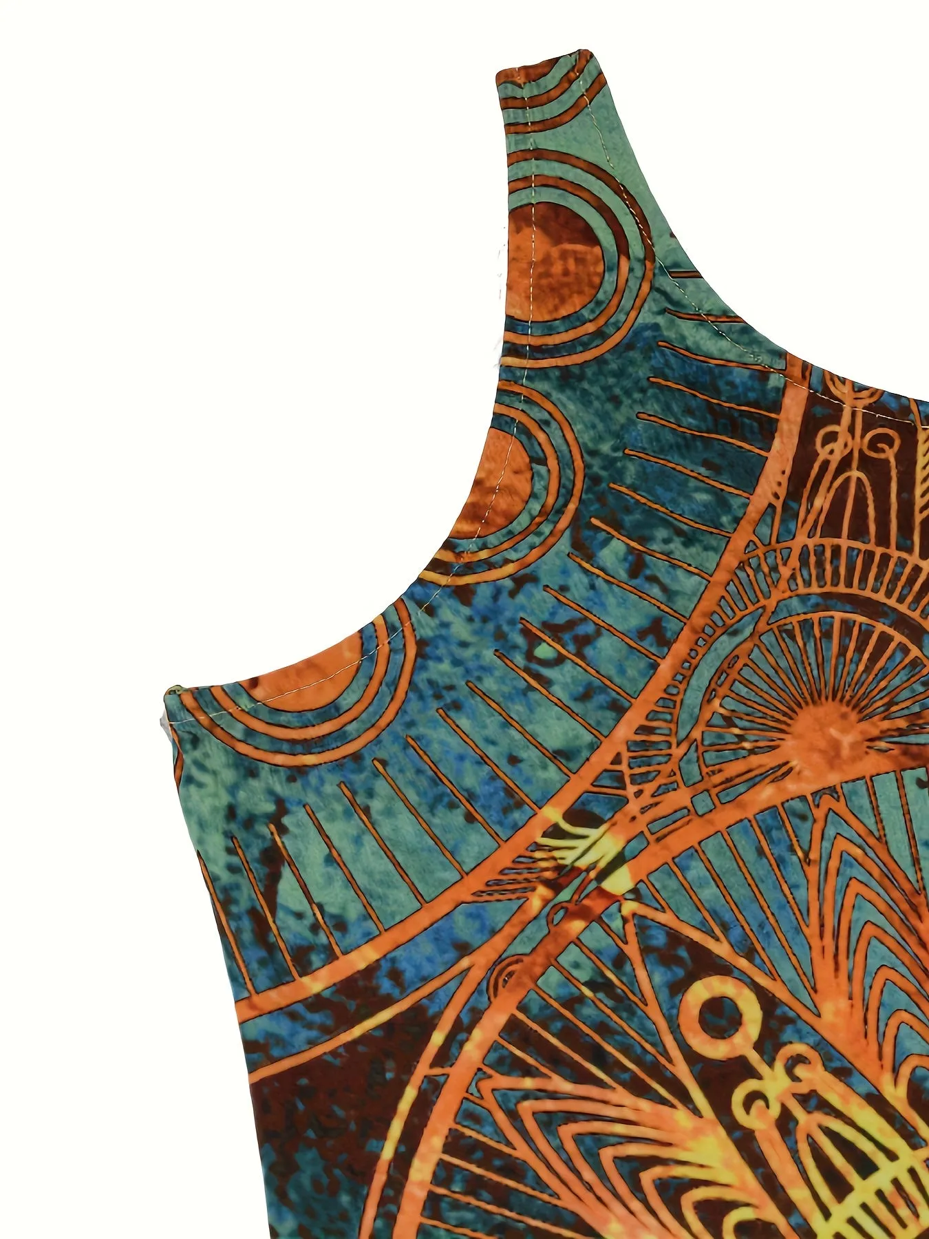 Midi Length Elegant Bodycon Dress - Crew Neck, Sleeveless, Mid Elasticity, Tribal Mandala Print, Machine Washable, All-Season, Polyester Knit Fabric - Perfect for Womens Casual Spring & Summer Outfit