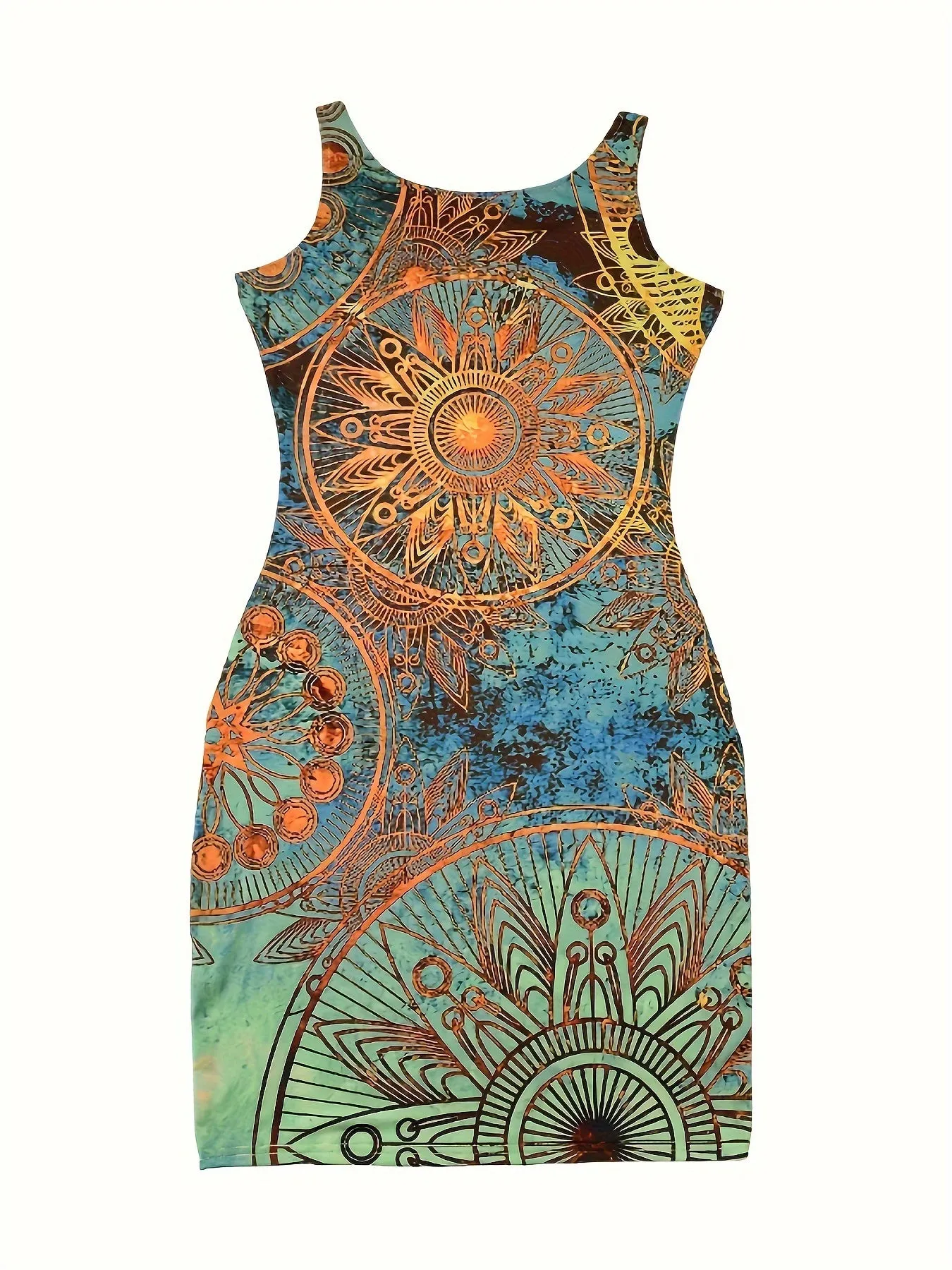 Midi Length Elegant Bodycon Dress - Crew Neck, Sleeveless, Mid Elasticity, Tribal Mandala Print, Machine Washable, All-Season, Polyester Knit Fabric - Perfect for Womens Casual Spring & Summer Outfit