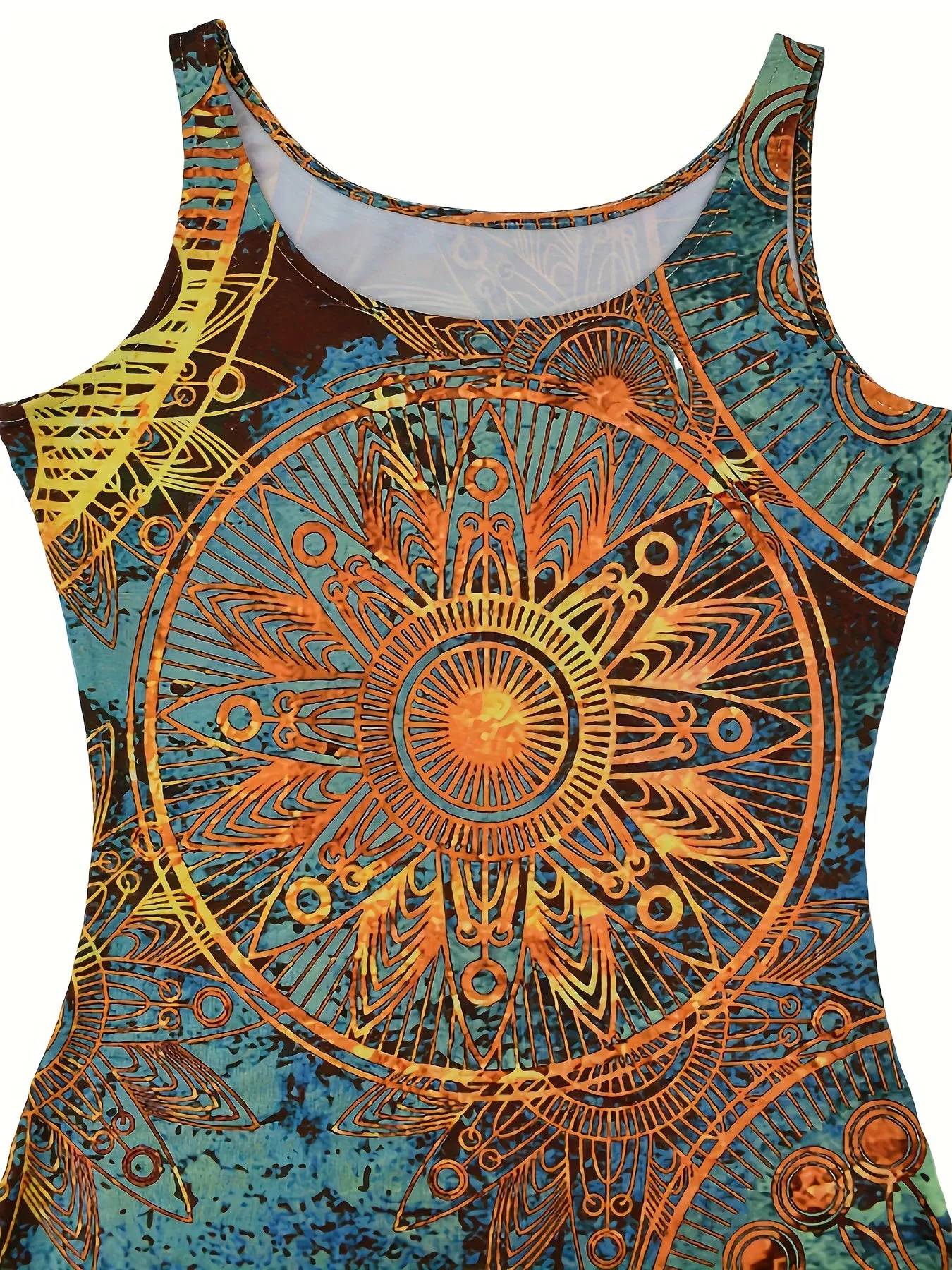 Midi Length Elegant Bodycon Dress - Crew Neck, Sleeveless, Mid Elasticity, Tribal Mandala Print, Machine Washable, All-Season, Polyester Knit Fabric - Perfect for Womens Casual Spring & Summer Outfit