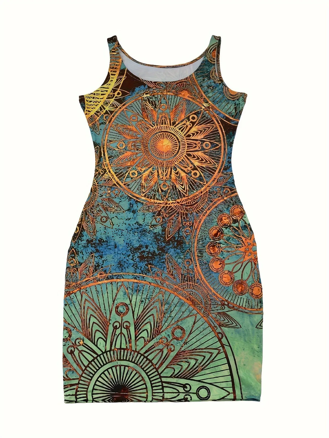 Midi Length Elegant Bodycon Dress - Crew Neck, Sleeveless, Mid Elasticity, Tribal Mandala Print, Machine Washable, All-Season, Polyester Knit Fabric - Perfect for Womens Casual Spring & Summer Outfit