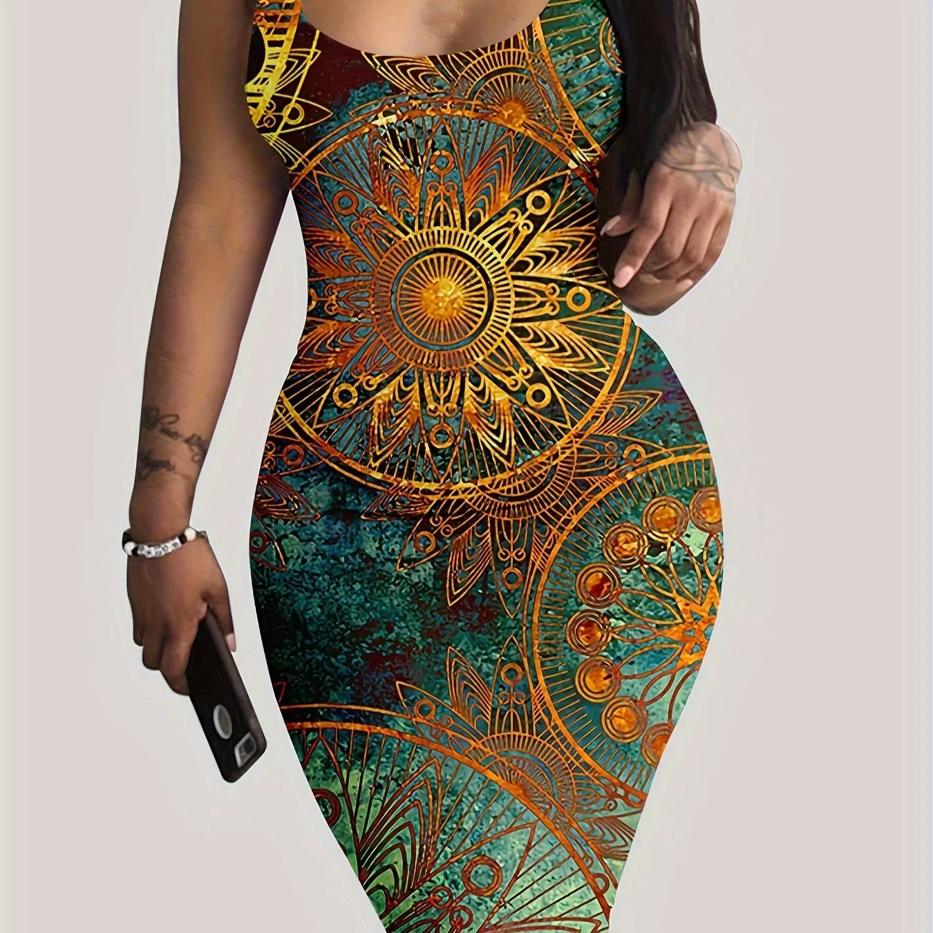 Midi Length Elegant Bodycon Dress - Crew Neck, Sleeveless, Mid Elasticity, Tribal Mandala Print, Machine Washable, All-Season, Polyester Knit Fabric - Perfect for Womens Casual Spring & Summer Outfit