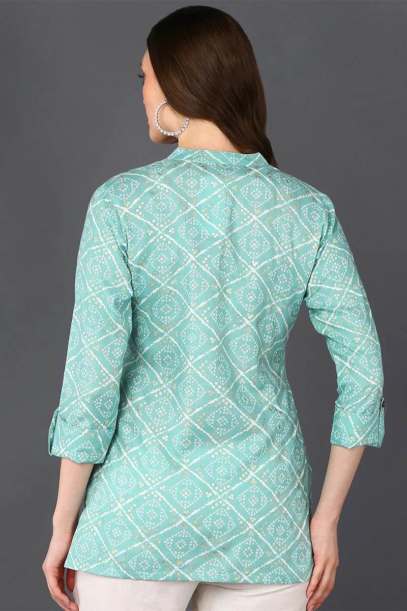 Mint Green Cotton Blend Bandhani Printed Straight Tunic