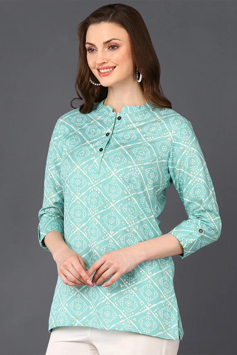 Mint Green Cotton Blend Bandhani Printed Straight Tunic