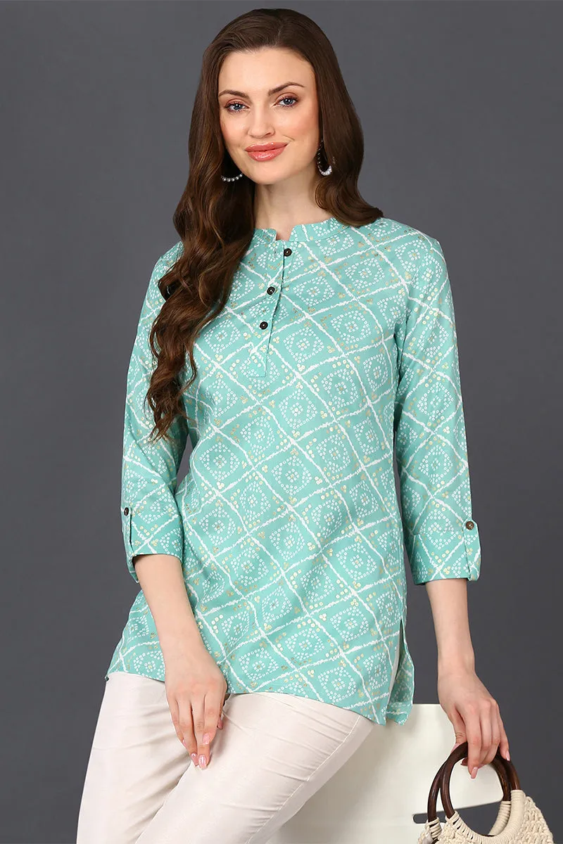 Mint Green Cotton Blend Bandhani Printed Straight Tunic