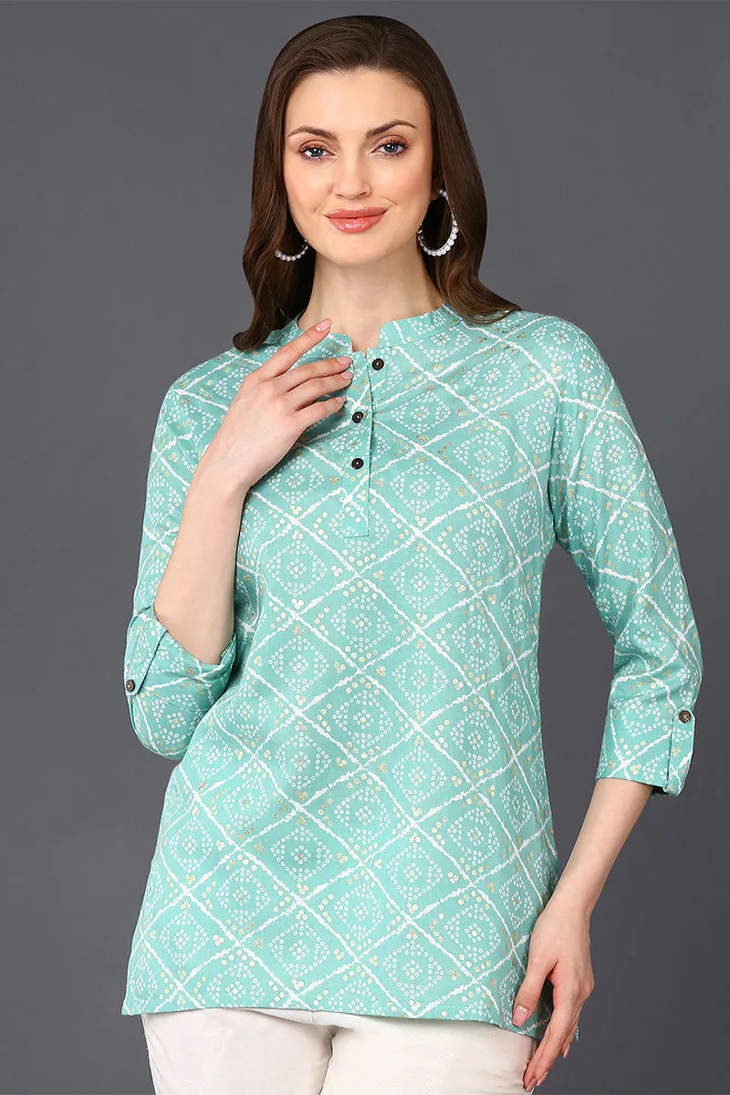 Mint Green Cotton Blend Bandhani Printed Straight Tunic