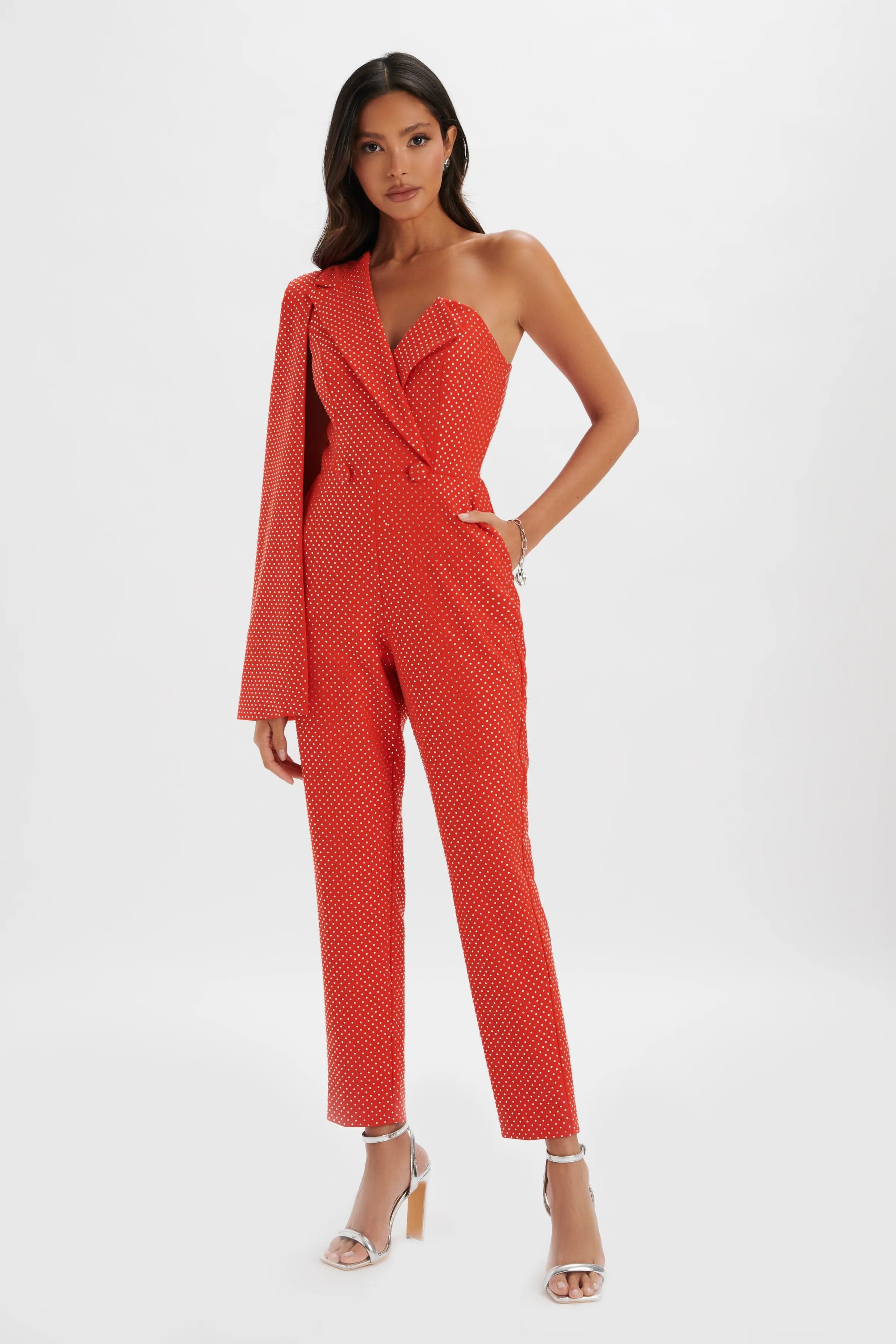 MISCHA Crystal Embellished One Shoulder Cape Jumpsuit in Red