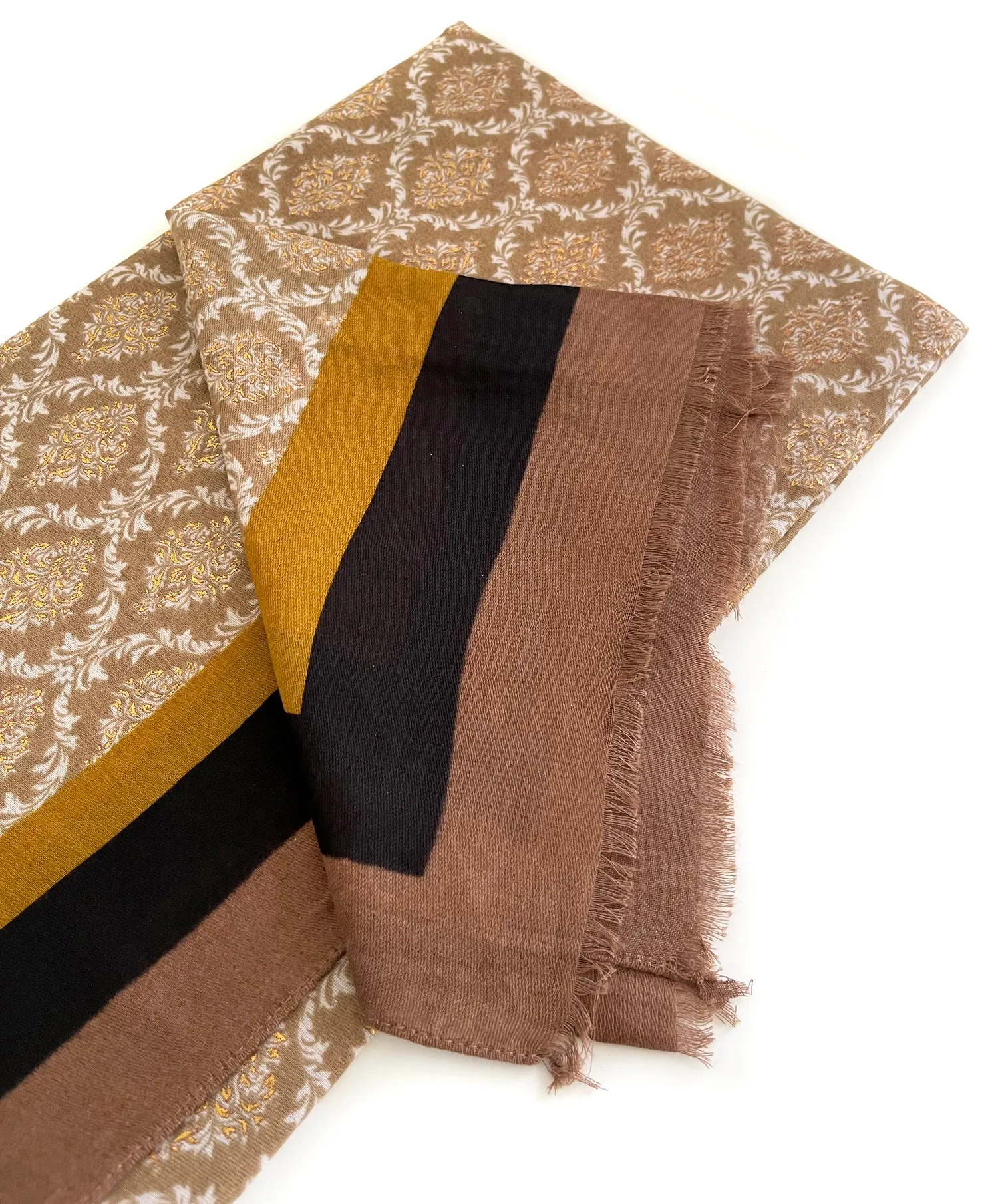 MUSTARD YELLOW METALLIC PAISLEY PRINT PASHMINA SHAWL SCARF WITH STRIPES