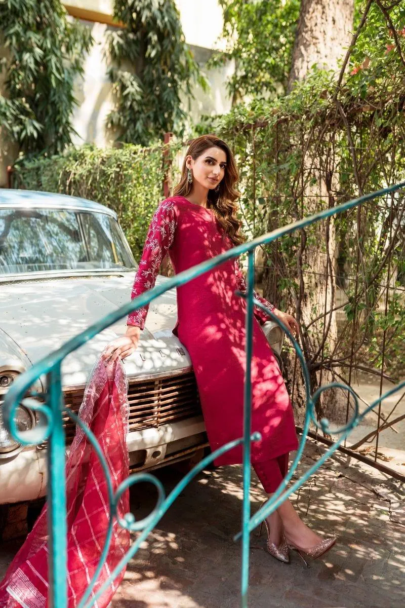 Natasha Kamal -  Deep Red Raw Silk Shirt and Pants with Organza Dupatta - 3 Pieces