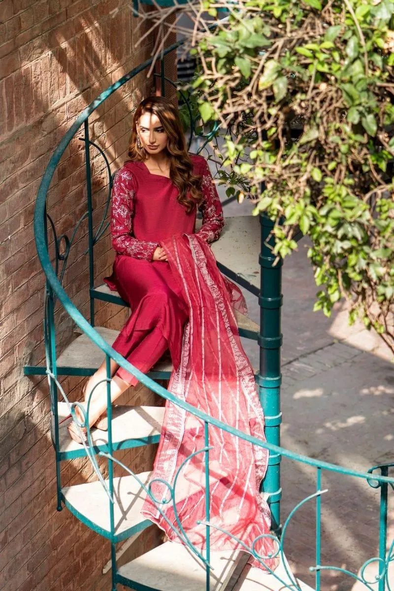 Natasha Kamal -  Deep Red Raw Silk Shirt and Pants with Organza Dupatta - 3 Pieces