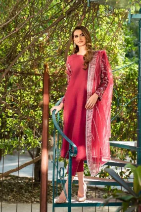 Natasha Kamal -  Deep Red Raw Silk Shirt and Pants with Organza Dupatta - 3 Pieces