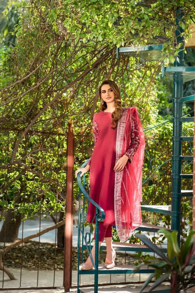 Natasha Kamal -  Deep Red Raw Silk Shirt and Pants with Organza Dupatta - 3 Pieces