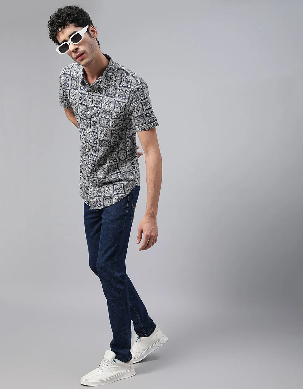 Navy Geometric Printed Casual Shirt