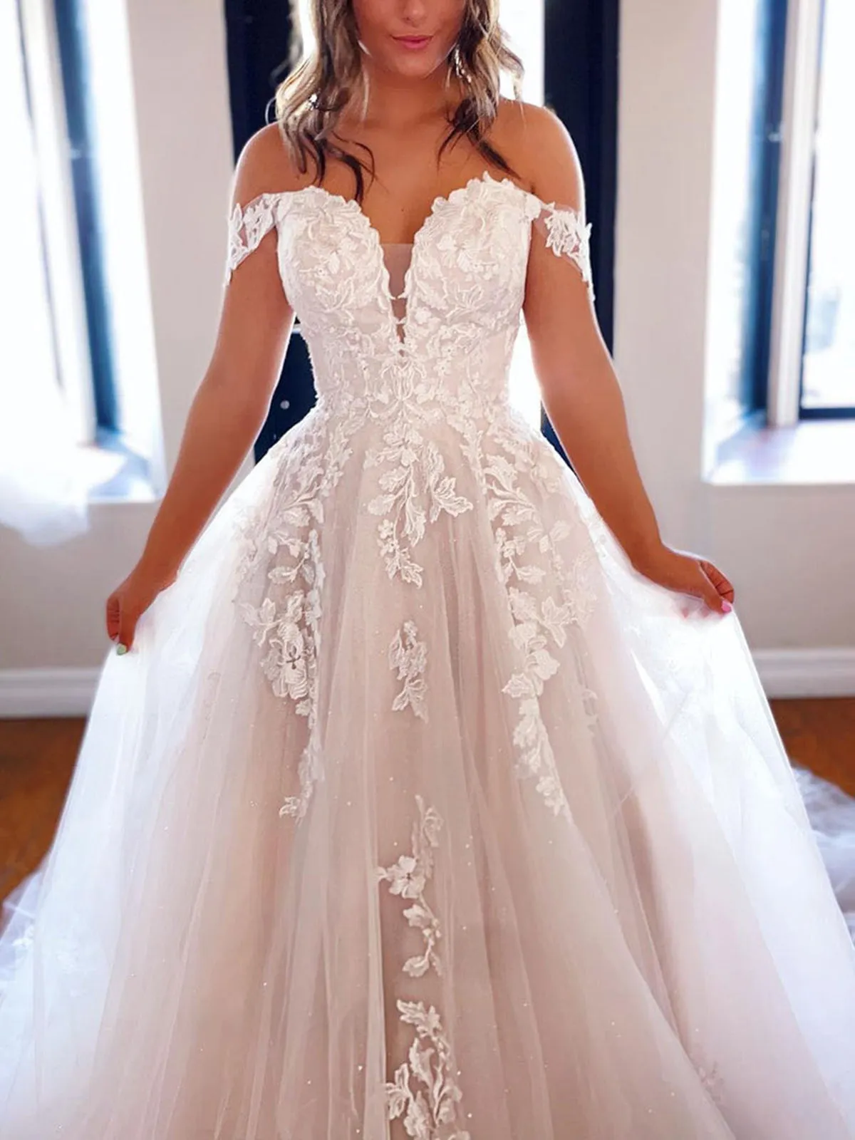 Off Shoulder White Lace Long Prom Dresses with Train, White Lace Wedding Dresses, White Tulle Formal Evening Dresses