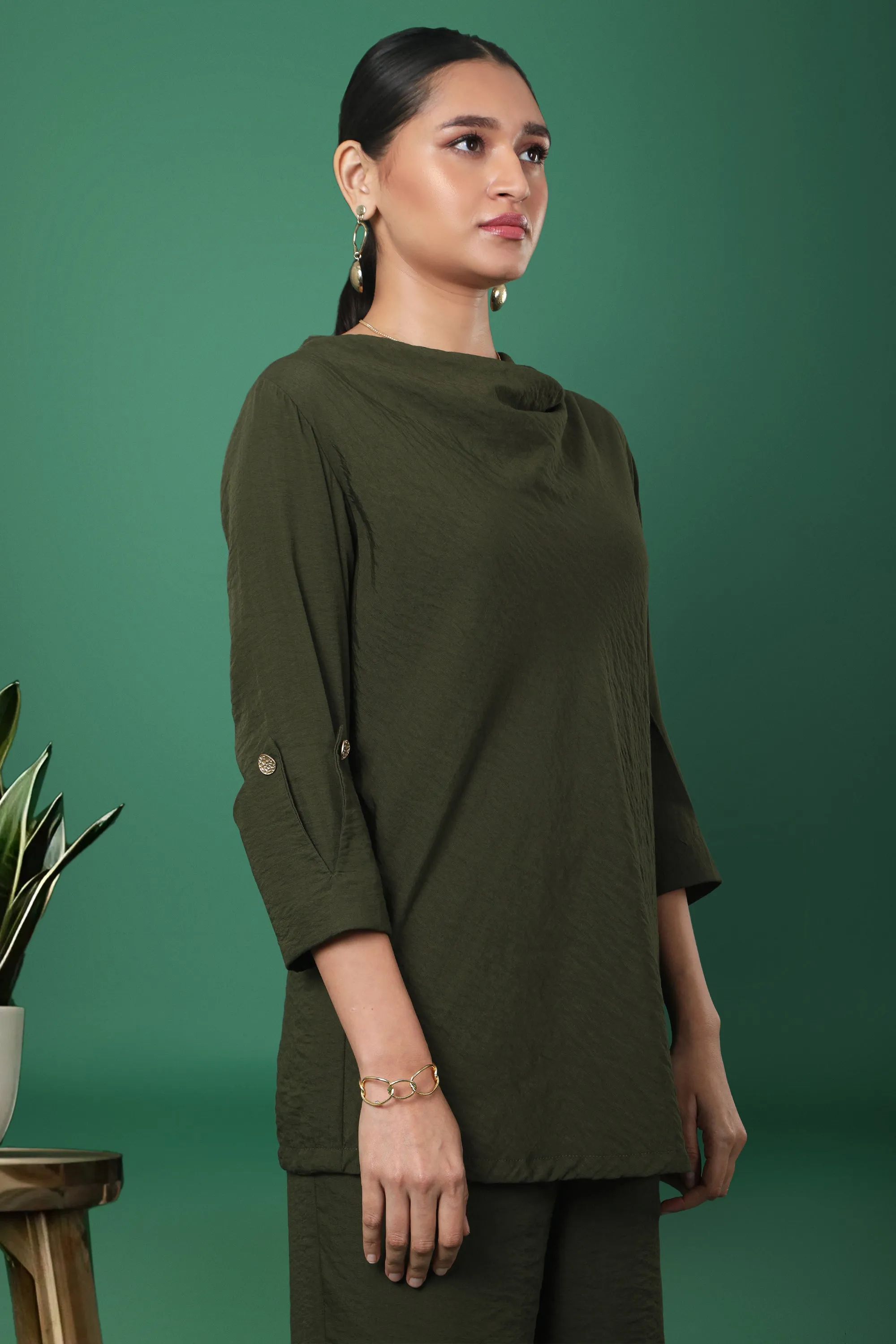 Olive Green Cowl Neck Tunic with Roll-Up Sleeves