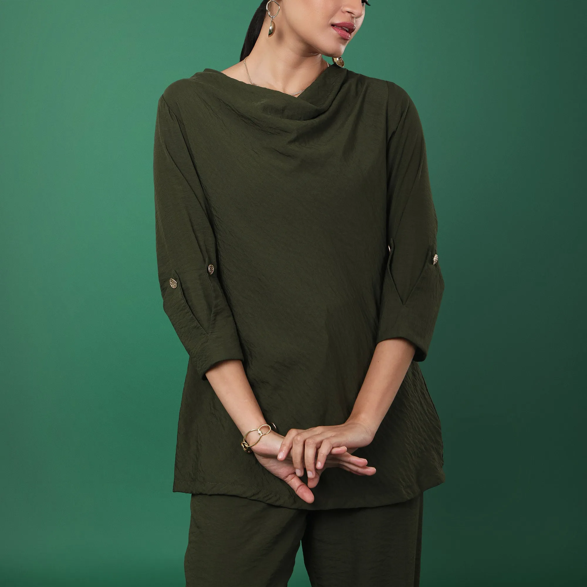 Olive Green Cowl Neck Tunic with Roll-Up Sleeves