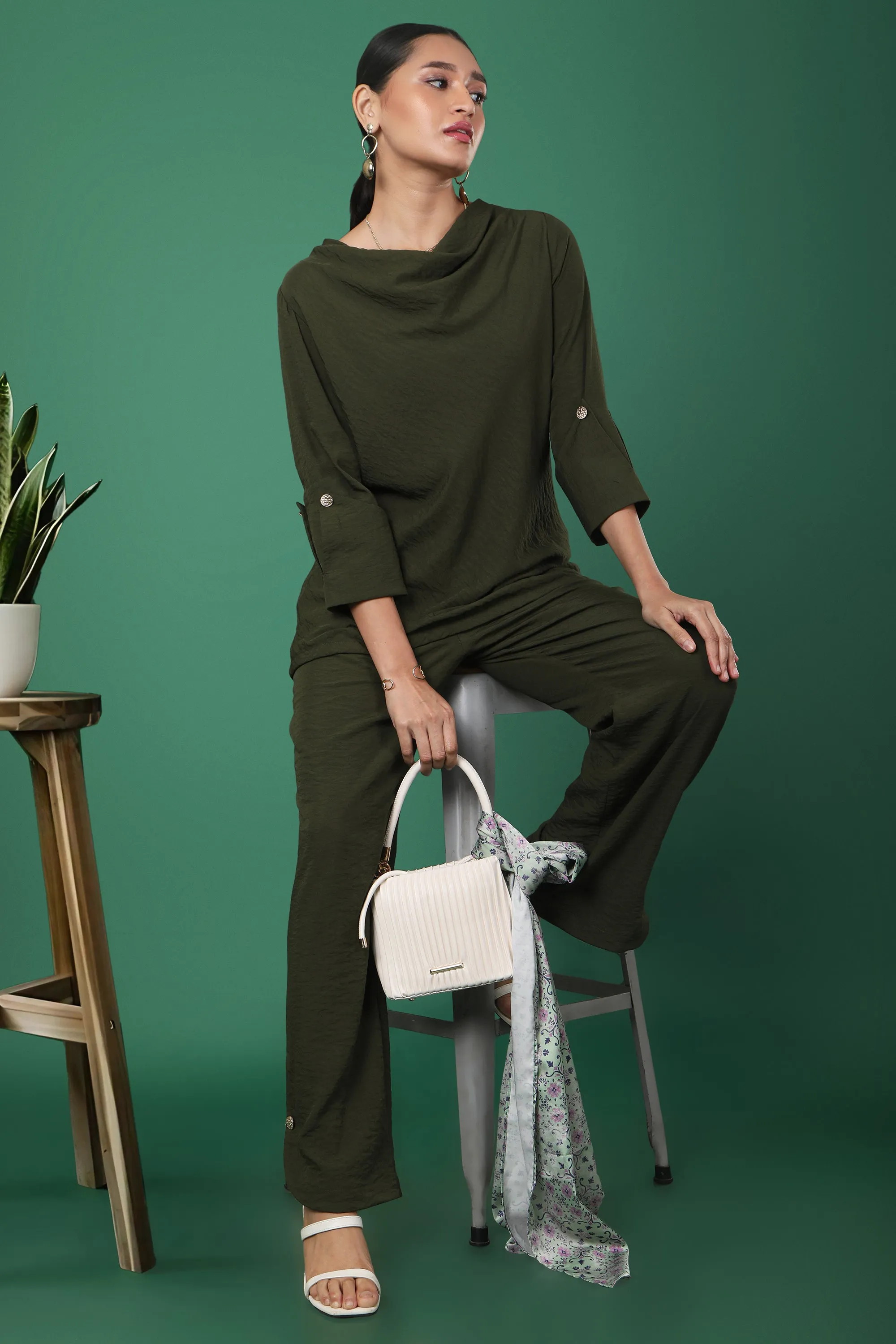 Olive Green Cowl Neck Tunic with Roll-Up Sleeves