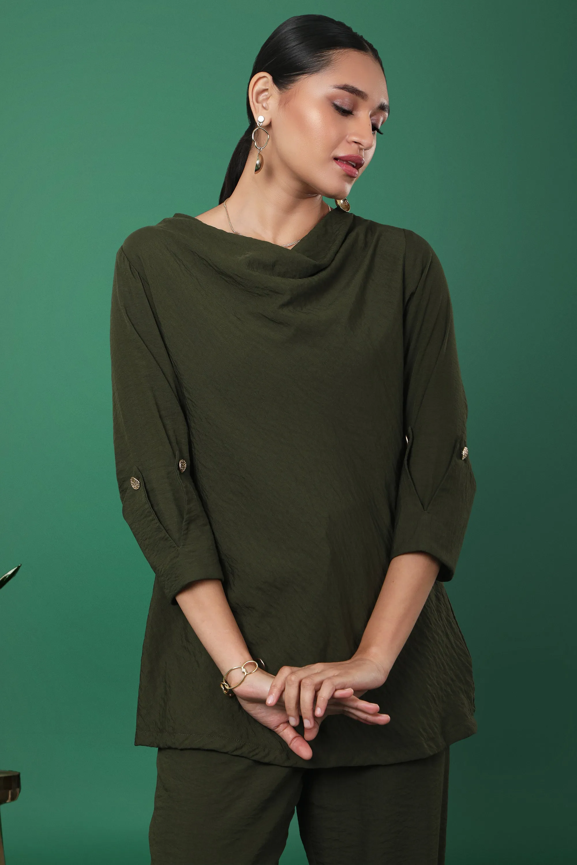 Olive Green Cowl Neck Tunic with Roll-Up Sleeves