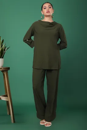 Olive Green Cowl Neck Tunic with Roll-Up Sleeves