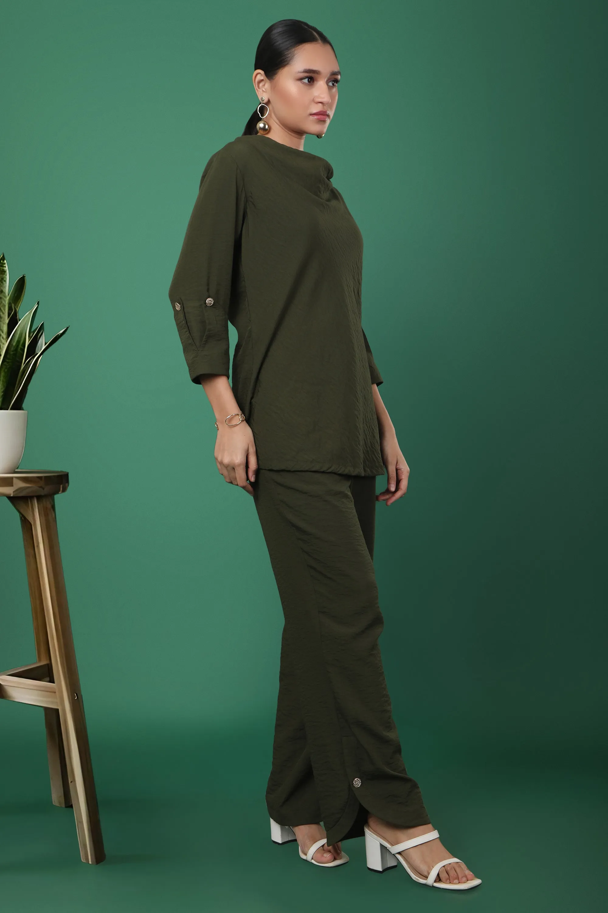 Olive Green Cowl Neck Tunic with Roll-Up Sleeves