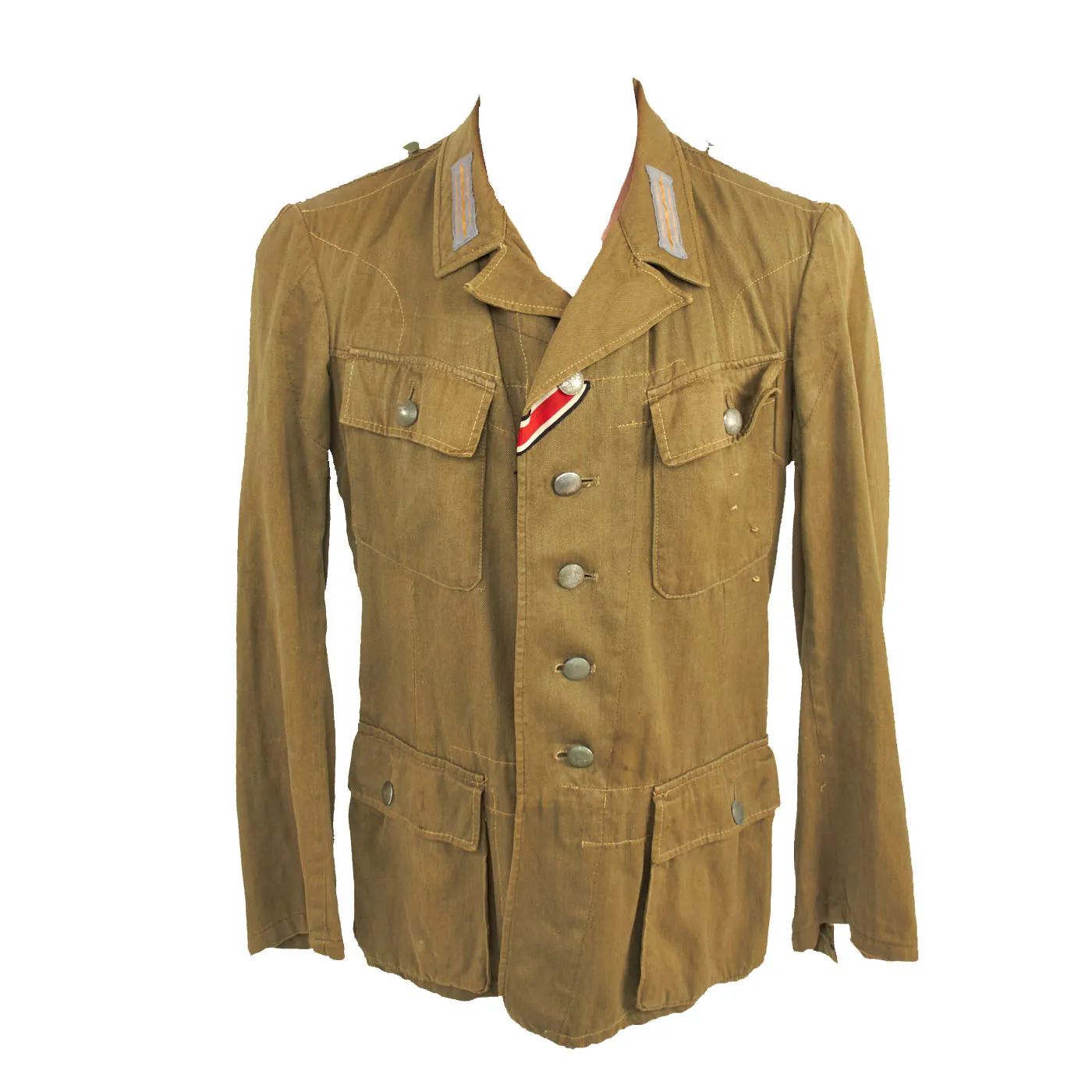 Original German WWII Afrika Korps M43 Tropical Tunic with EKI Ribbon & Faded Markings