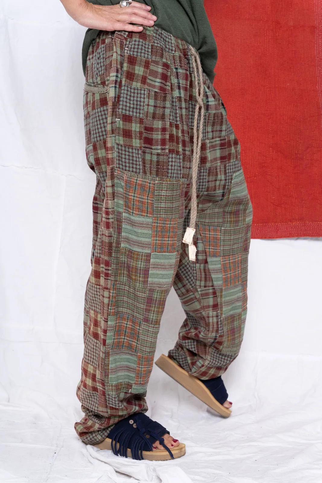 P70 Pleated Easy Pant Madras Patchwork Sea Green