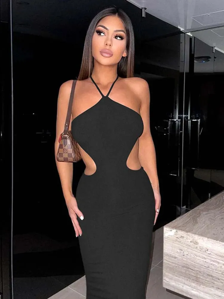 Party Clubwear Lace up Maxi Sleeveless Solid Body-Shaping Cut Out Dress for Women