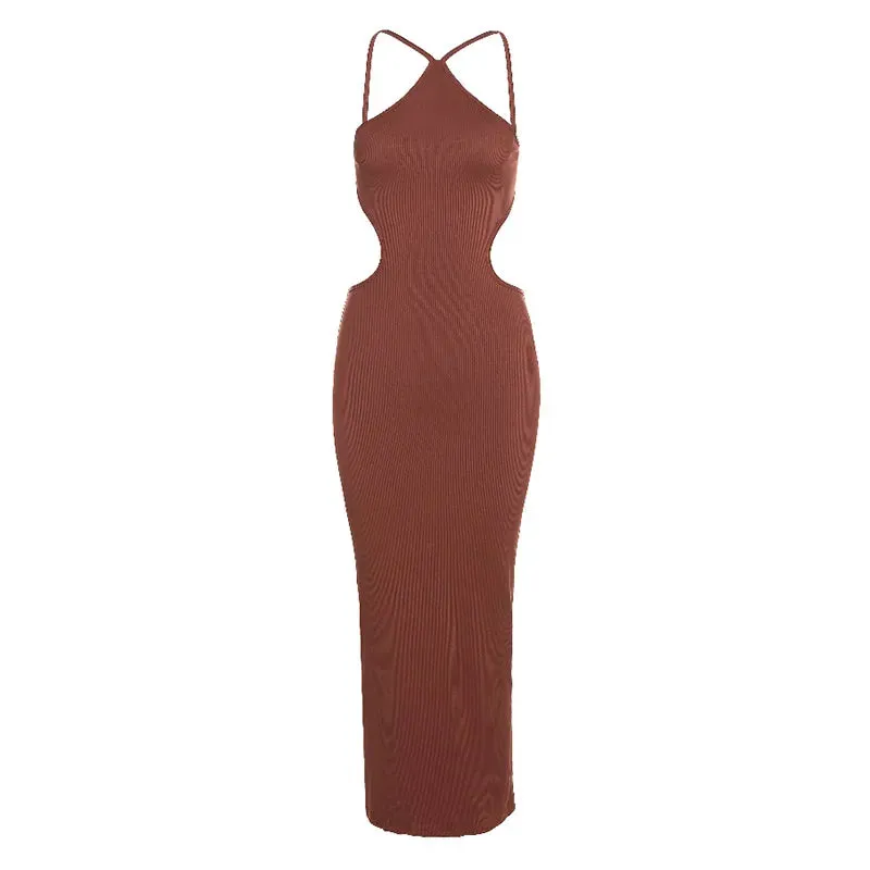 Party Clubwear Lace up Maxi Sleeveless Solid Body-Shaping Cut Out Dress for Women