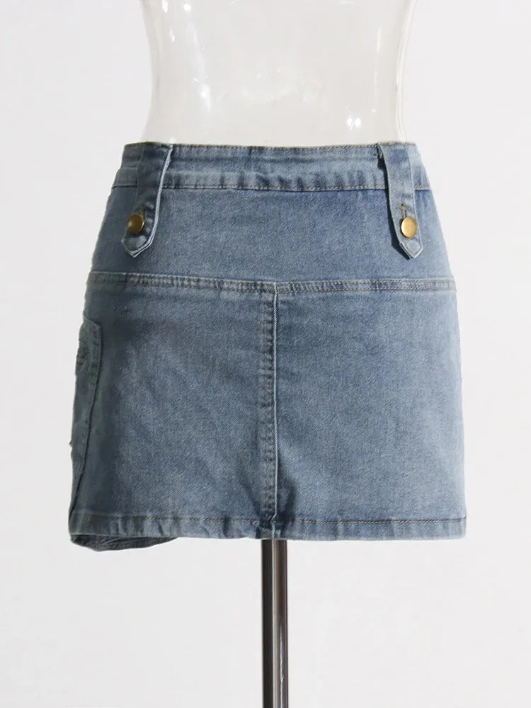 Patchwork Button Denim Skirts For Women High Waist Spliced Pockets Solid Casual A Line Mini Skirt Female Fashion