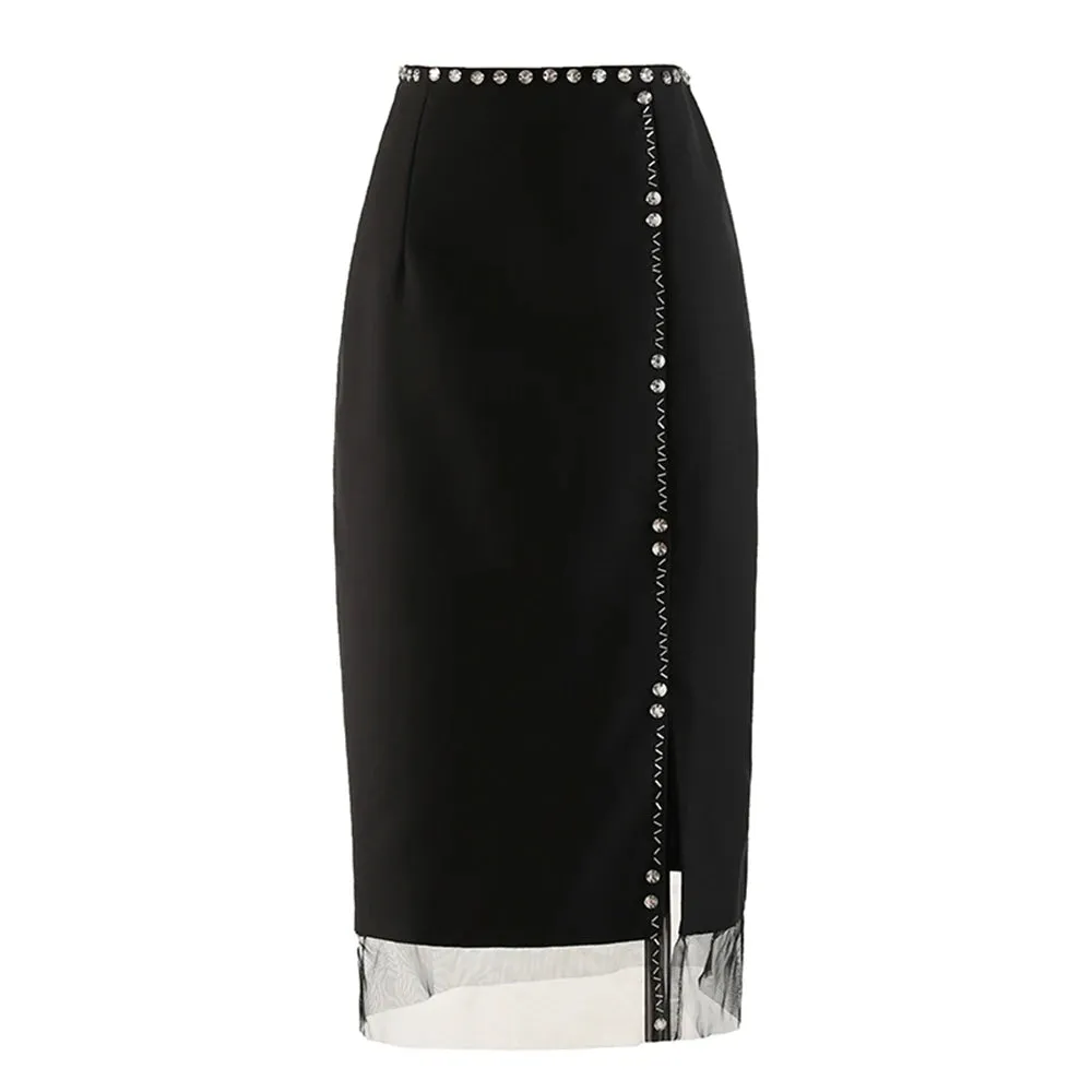 Patchwork Diamond Split Midi Skirt For Women High Waist A Line Mesh Hem Casual Skirts Female Clothes Summer Fashion