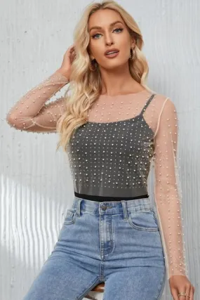 Pearl Long Sleeve Mesh Cropped Top