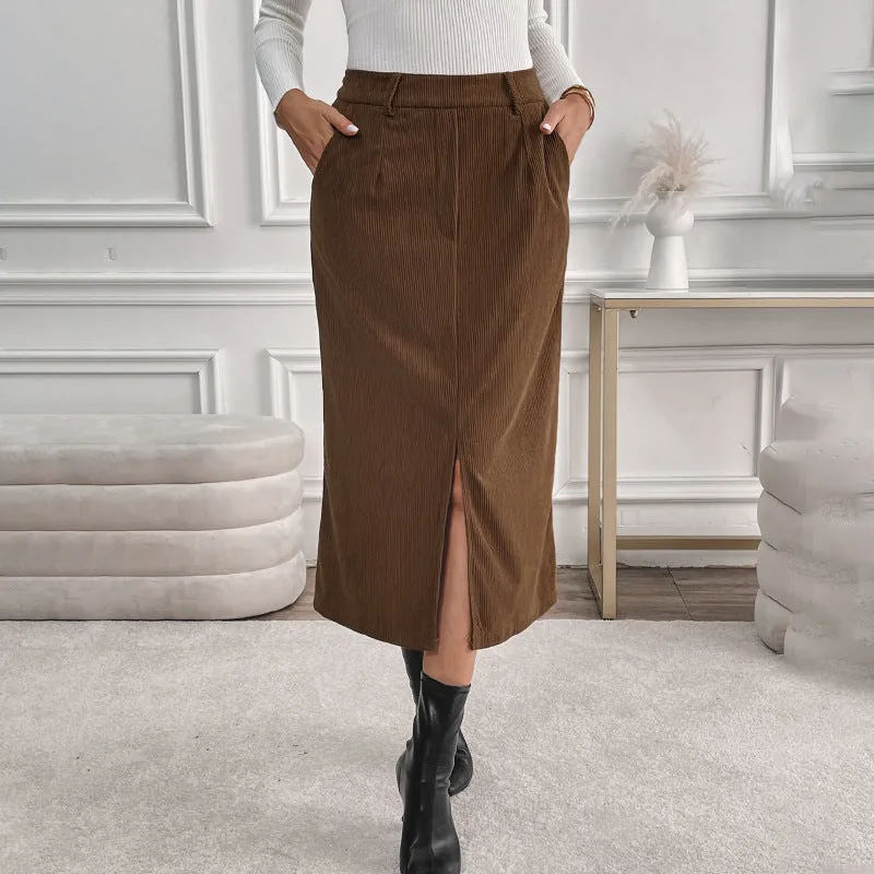 PEOPLETERRITORY   trade  retro corduroy skirt autumn and winter temperament split fork versatile skirt women