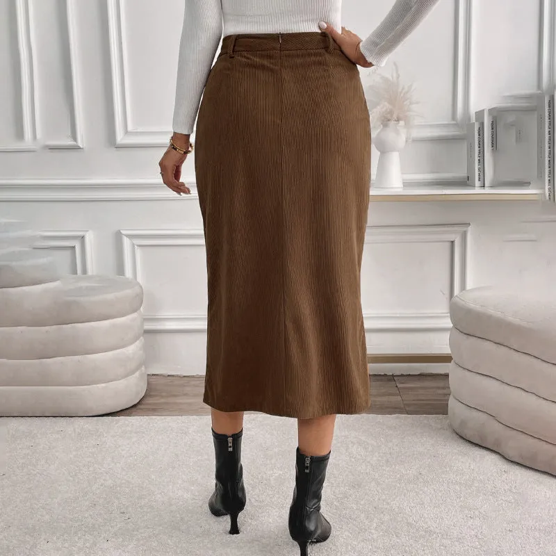 PEOPLETERRITORY   trade  retro corduroy skirt autumn and winter temperament split fork versatile skirt women