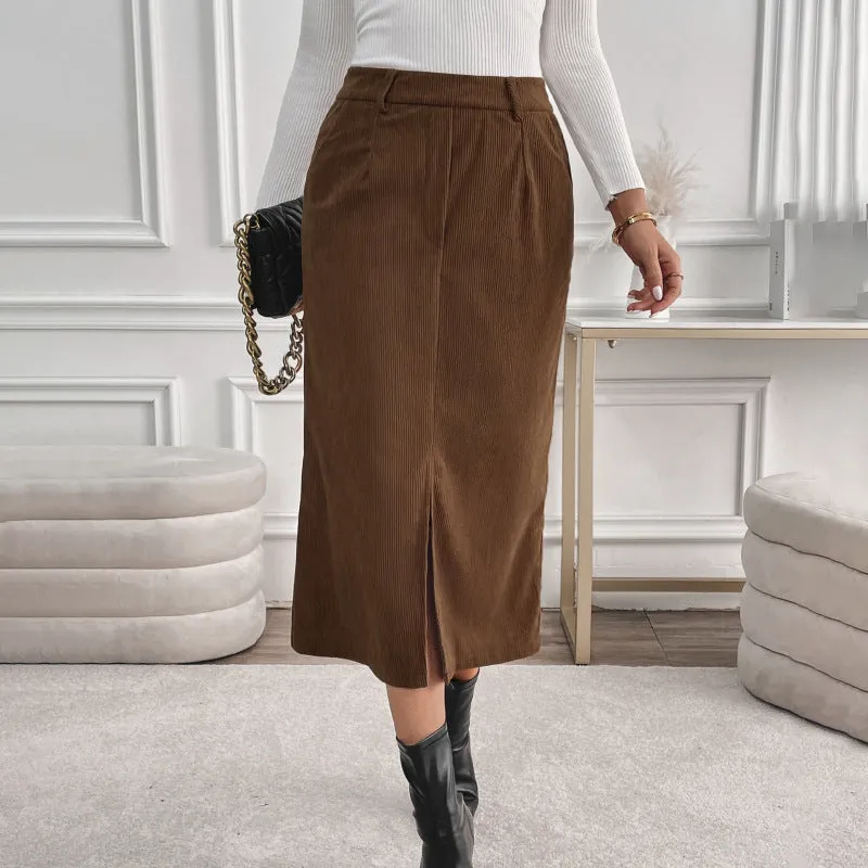 PEOPLETERRITORY   trade  retro corduroy skirt autumn and winter temperament split fork versatile skirt women