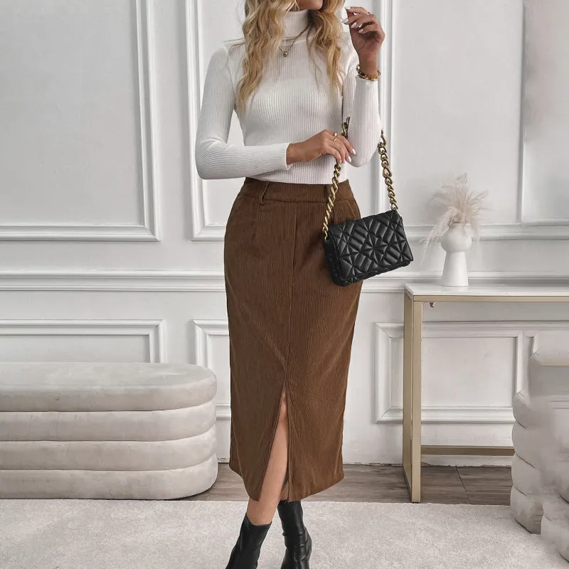 PEOPLETERRITORY   trade  retro corduroy skirt autumn and winter temperament split fork versatile skirt women